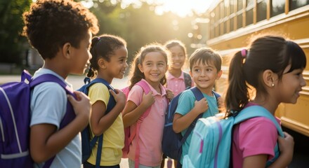 Back to school children waiting for bus elementary students education kids