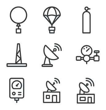Weather Balloon Icons. Outline icon set of weather balloon launch: weather balloon, radiosonde payload, parachute pack, helium