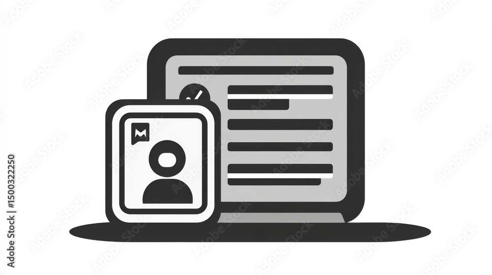 Poster black and white vector icon of a text message bubble with user avatar on the left and web browser wi
