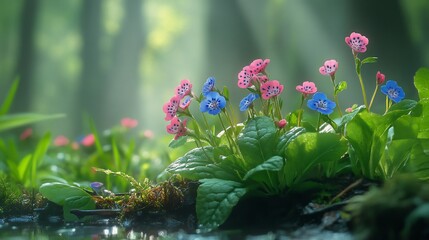 Lungwort Pulmonaria officinalis spotted leaves pink blue flowers growing beneath tree shade in a damp woodland peaceful morning light filtering through leaves