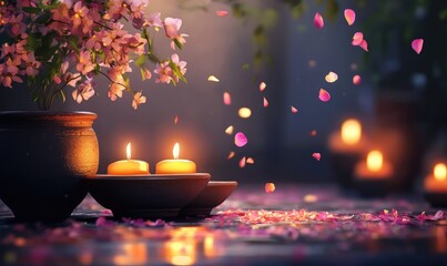 Candles and Flowers in Pots for Guru Purnima. AI generated illustration