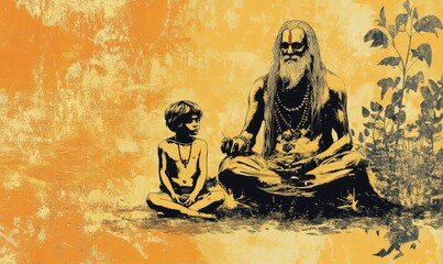 Grunge Guru Purnima Illustration with Sage and Disciple. AI generated illustration