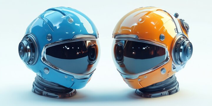Two futuristic astronaut helmets, blue and orange (2)