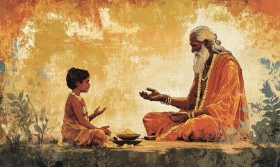 Grunge Guru Purnima Illustration with Sage and Disciple. AI generated illustration