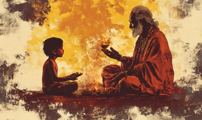 Grunge Guru Purnima Illustration with Sage and Disciple. AI generated illustration
