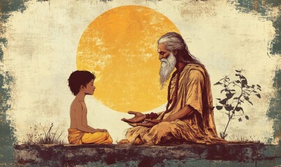 Grunge Guru Purnima Illustration with Sage and Disciple. AI generated illustration