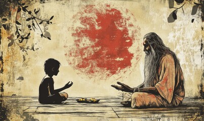 Grunge Guru Purnima Illustration with Sage and Disciple. AI generated illustration
