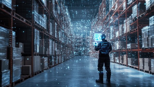 Warehouse worker uses digital interface in a vast storage facility - Powered by Adobe