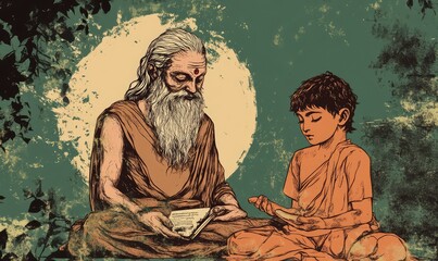 Grunge Guru Purnima Illustration with Sage and Disciple. AI generated illustration