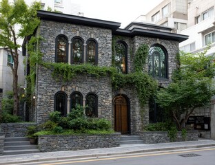 Fototapeta premium Charming Stone Building with Lush Greenery in Seoul, South Korea
