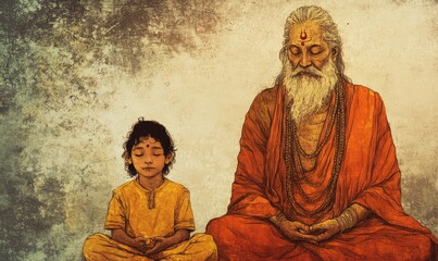 Grunge Guru Purnima Illustration with Sage and Disciple. AI generated illustration