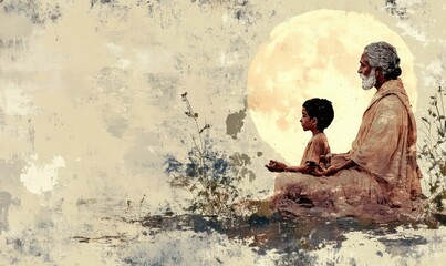 Grunge Guru Purnima Illustration with Sage and Disciple. AI generated illustration