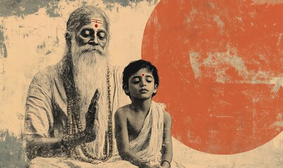 Grunge Guru Purnima Illustration with Sage and Disciple. AI generated illustration
