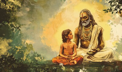 Grunge Guru Purnima Illustration with Sage and Disciple. AI generated illustration