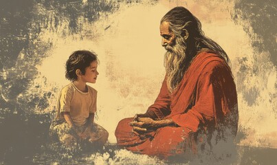 Grunge Guru Purnima Illustration with Sage and Disciple. AI generated illustration