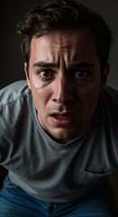 Fototapeta premium Portrait of scared man with worried expression looking at the camera view