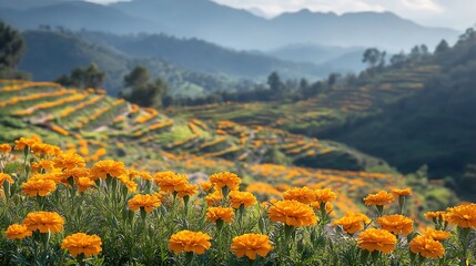 Fototapeta premium Mexican Marigold Tagetes erecta golden flowers growing along rural hillside terraced farming backdrop and bright daylight highland summer atmosphere