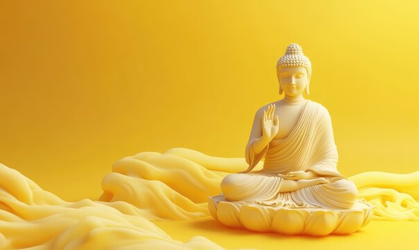 Guru Purnima Celebration with Spiritual Symbols on Yellow Background, 3D Rendered Festive Design for Culture and Tradition Themes. AI generated illustration.