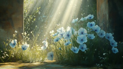 Fototapeta premium Nigella Nigella damascena also known Love in a Mist blooming with pale blue flowers and feathery foliage surrounded by herbs in a rustic garden under soft daylight