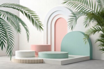 Fototapeta premium Minimalist scene with geometric shapes and tropical palm leaves for product display and presentation in pastel colors