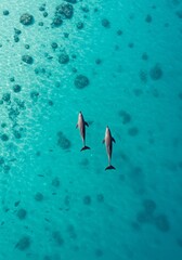 Aerial Photo of Two Dolphins Swimming in Turquoise Waters with Coral Reefs