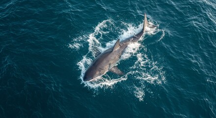 Obraz premium Aerial View of a Shark Swimming in Blue Ocean Water with White Splash