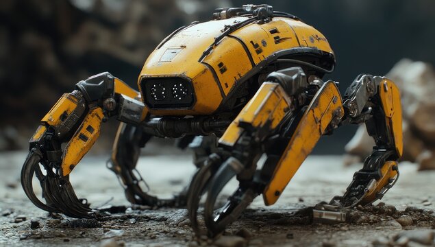 Rusty yellow robot crawler on rocky terrain - Powered by Adobe