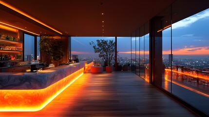 Fototapeta premium Rooftop bar with city view at sunset.