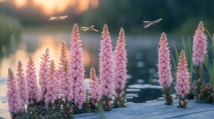 Obraz premium Obedient Plant Physostegia virginiana pink tubular flowers arranged along wetland boardwalk dragonflies hovering nearby soft evening tones and still water