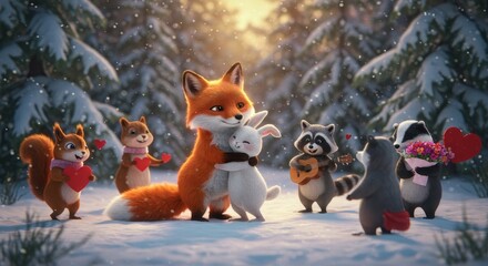 Charming Illustration of Woodland Animals Embracing in a Snowy Forest