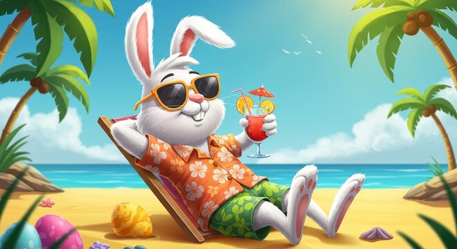 Cartoon Rabbit Relaxing On Beach With Cocktail Under Sun in Tropical Holiday - Powered by Adobe