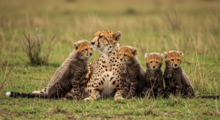 Cheetah Family Portrait in Kenyan Savanna Mother and Cubs Resting Together