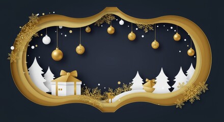 Christmas Illustration with Gold Ornaments Reindeer and Gift on Dark Blue Background