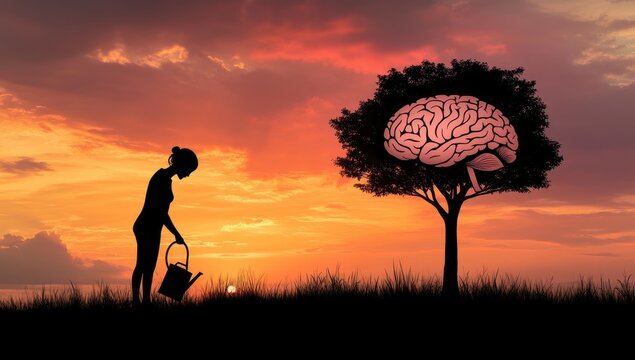 Silhouette of a woman watering a tree shaped like a brain at sunset