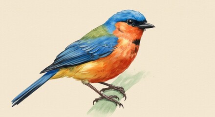 Fototapeta premium Detailed Illustration Of A Colorful Bird Perched On A Branch With A Beige Background