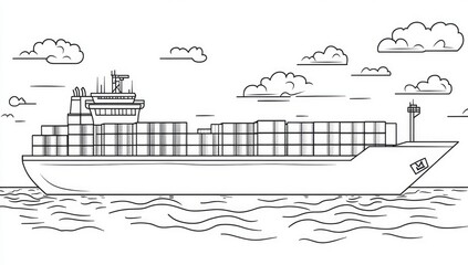 Black and white line drawing of a large cargo ship on water with clouds