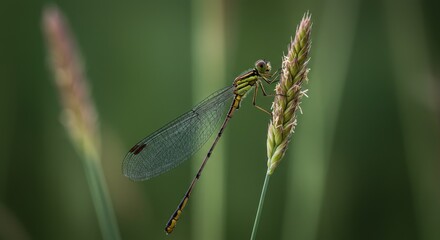 Detailed Photo of Damselfly Perched on Grassy Plant Stem with Dew Drops