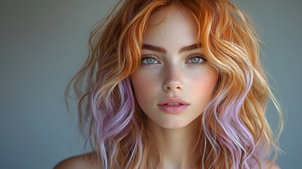 Naklejka premium Close-up portrait of a young woman with wavy auburn and lavender hair, freckles, and blue eyes.