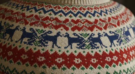 Detailed Photo Of Knitted Sweater With Blue Deer Pattern And Red White Details