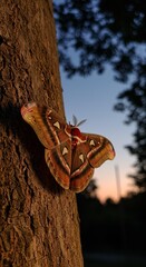 Detailed Photo of Moth on Tree Bark with Colorful Wings Against Sunset Sky