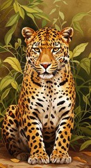 Detailed Portrait of a Majestic Leopard Sitting in Lush Green Foliage