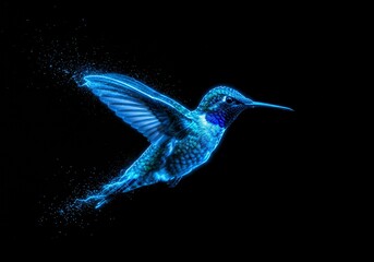 Digital Artwork Of A Blue Hummingbird With Sparkles Against Black Background