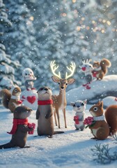 Obraz premium Festive Winter Scene Deer and Friends Amidst Falling Snow in Forest Illustration