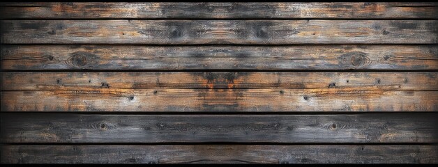 Close-up view of horizontally arranged weathered wooden planks with rustic texture, knots, and varying shades of brown and gray