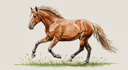 Fototapeta premium Illustration Of A Brown Horse Running Through Grassy Terrain With Light And Shadow
