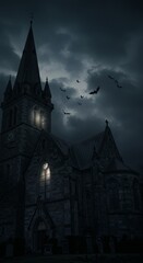 Illustration of Gothic Church Under a Cloudy Night Sky with Silhouetted Bats