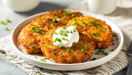 Potato pancakes with sour cream.