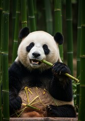 Panda Bear Eating Bamboo In A Green Forest Photo