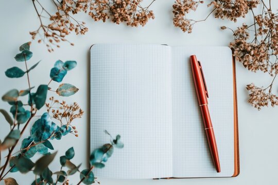 Open notebook with a red pen, surrounded by dried plants on a white surface