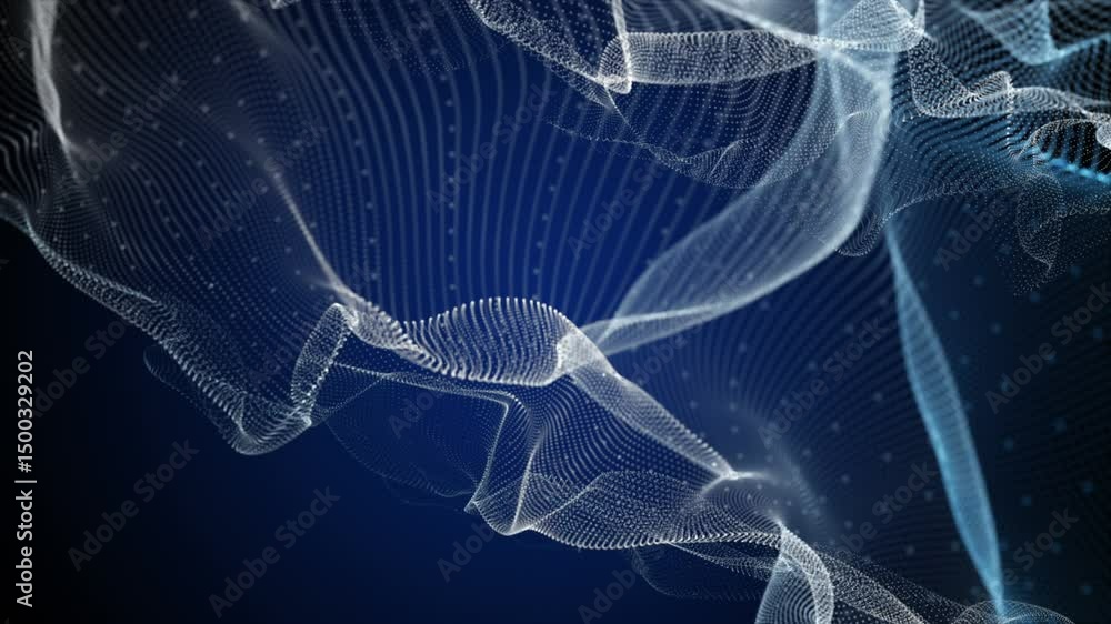 Poster futuristic video animation with particle wave object in slow motion, 4096x2304 loop 4k